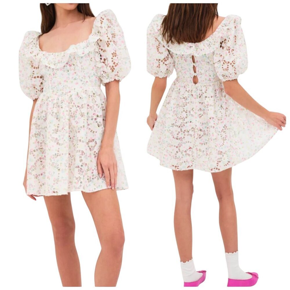 For Love & Lemons Magnolia Mini Dress Floral Lace Puff Sleeve NWT S